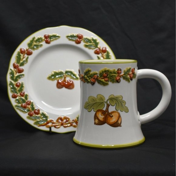 Plate and Large Pitcher Mug Acorn and Oak Leaf Thanksgiving Fall Festive Pottery - Picture 1 of 11